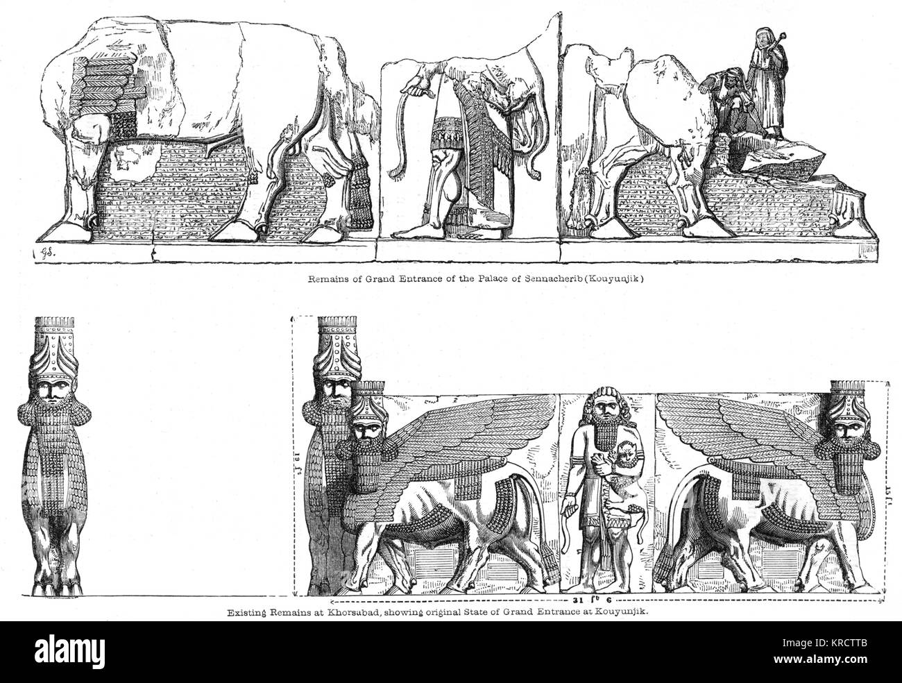 Una comparación de los restos de un zaguán de Kuyunjik dicen en Nínive, con puerta muy similares y relieves desde el sitio de Khorsabad, excavada por Paul Emile Botta. Fecha: 1853 Foto de stock