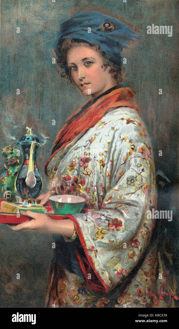 Un té niña vestidos con trajes de estilo oriental. Fecha: 1893 Foto de stock