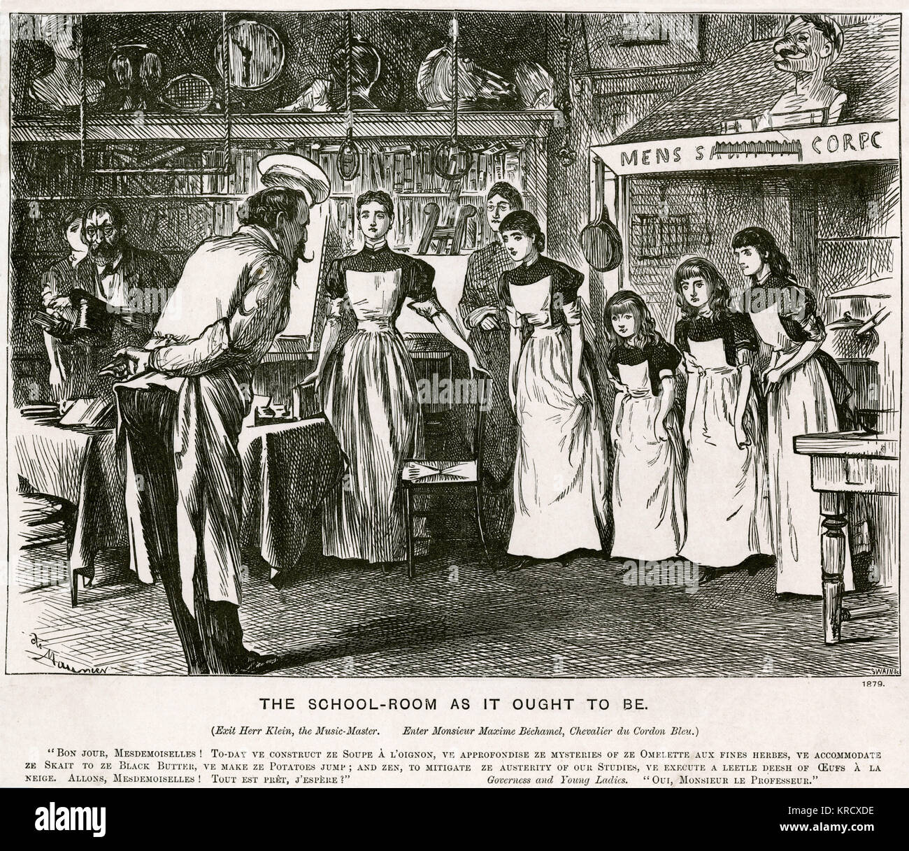 Señoritas siendo instruídos por un chef francés, con la institutriz de pie cerca. Fecha: 1879 Foto de stock