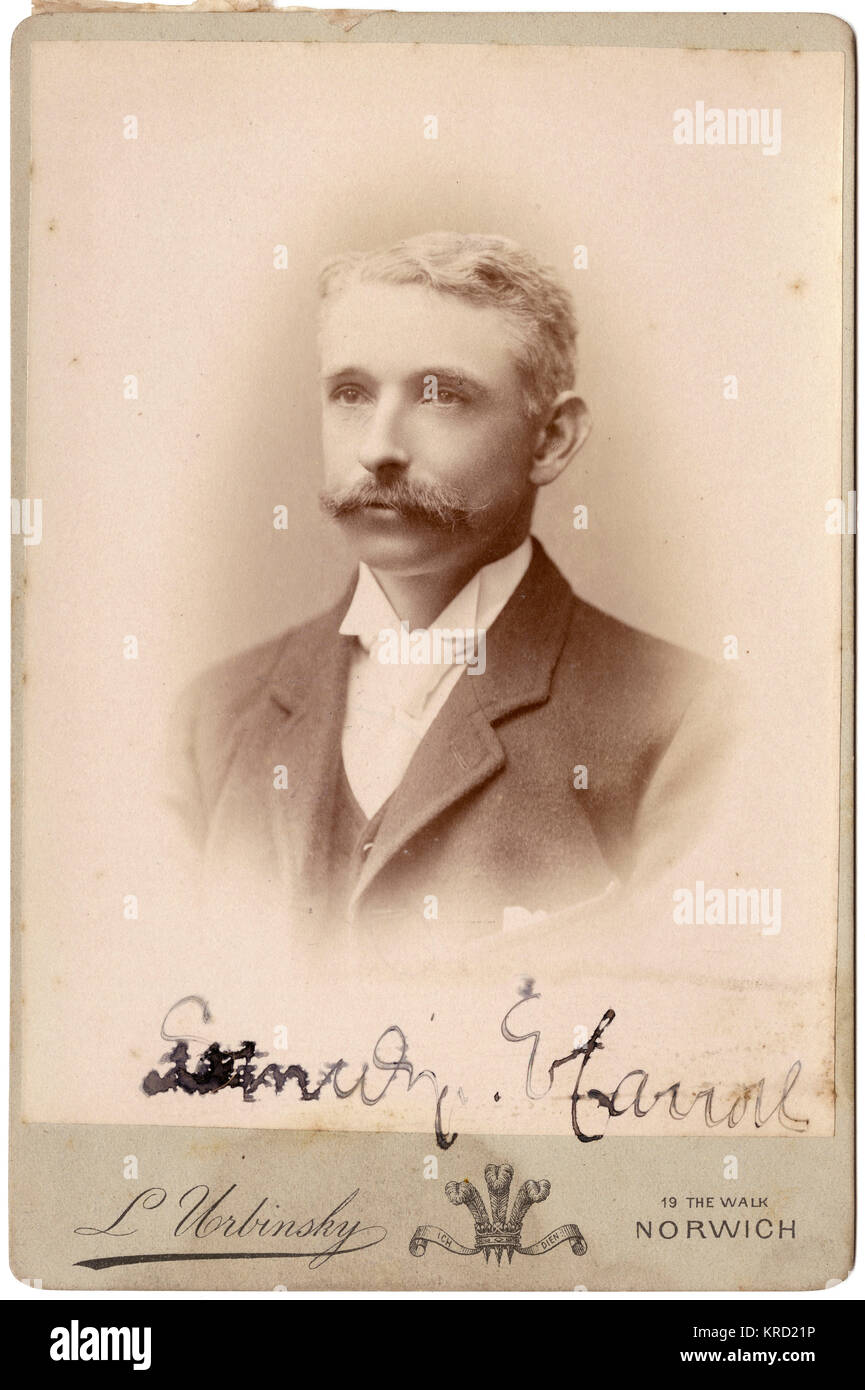 Un joven apuesto hombre victoriano con cabello rubio corto y un bigote en un retrato de cabeza y hombros. Fecha: a finales del siglo XIX. Foto de stock