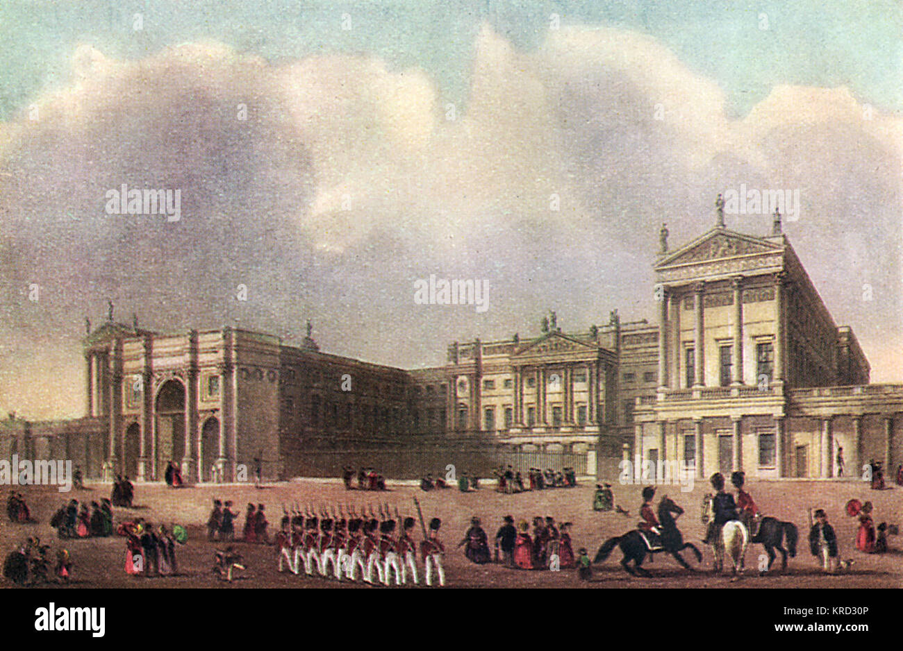 Buckingham Palace como parecía en el diecinueveavo siglo temprano antes de la placa protectora delantera fue agregado. Fecha: c.1820s Foto de stock