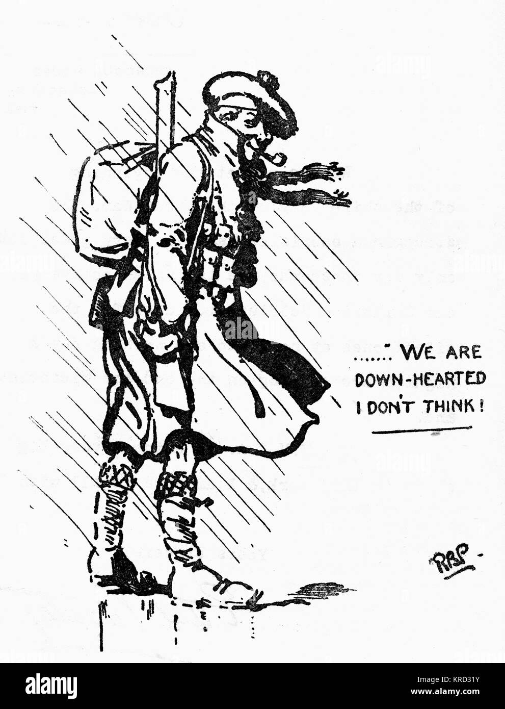 Bosquejo de Sir Robert Baden-Powell de un alegre soldado escocés durante la I Guerra Mundial, con el enardecedor optimista, CAPTION, 'estamos abajo de corazón, no creo." Fecha: 1916 Foto de stock