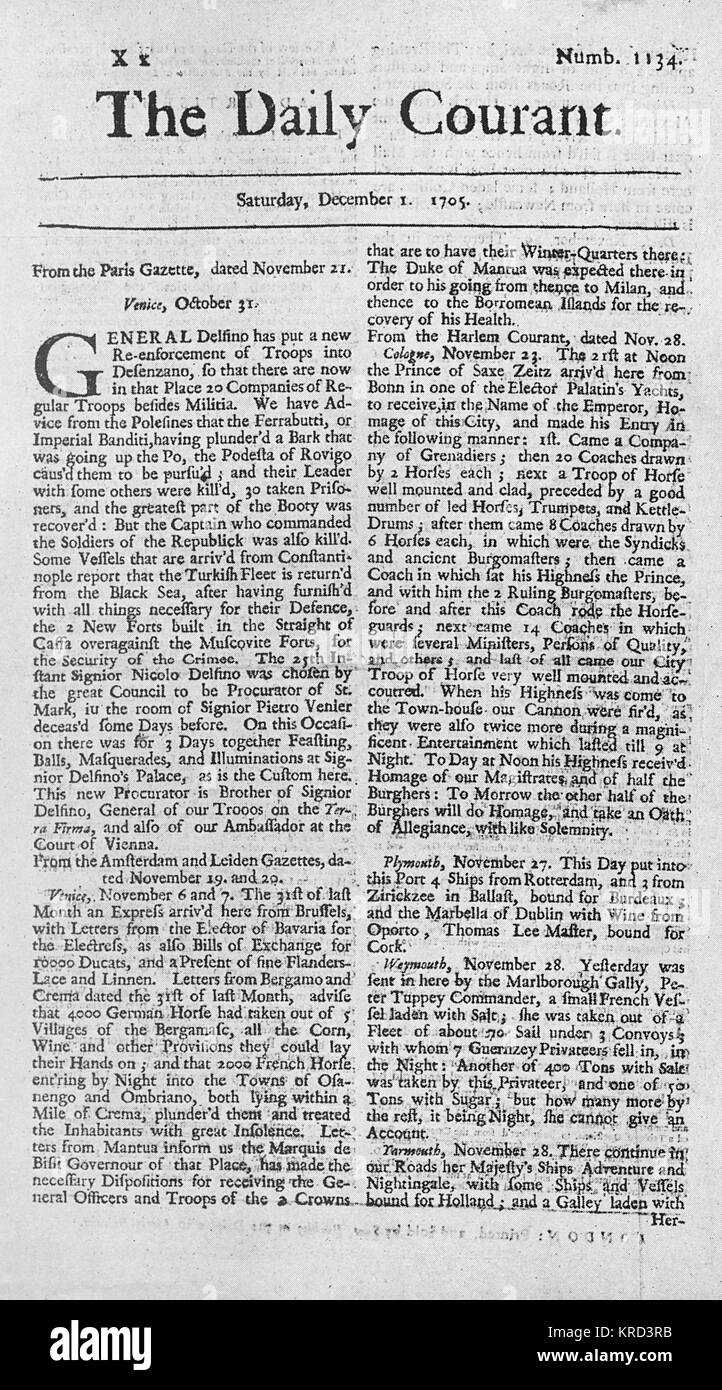 Portada del Daily Courant, el primer periódico. El trabajo comenzó en