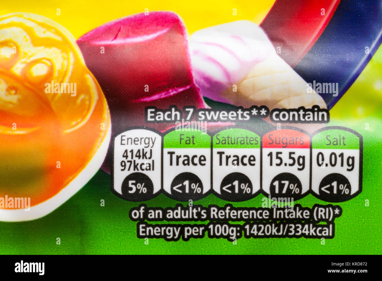 GDA información con sistema de código de colores de semáforo sobre paquete de Rowntree's Randoms dulces Foto de stock