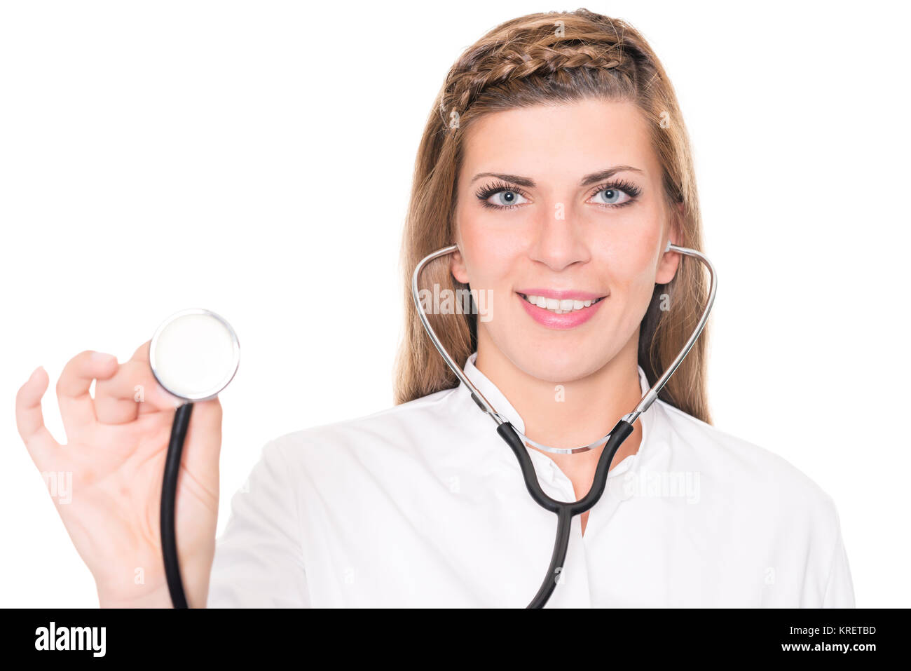 Studioaufnahme einer jungen Ärztin weißem Hintergrund vor Foto de stock