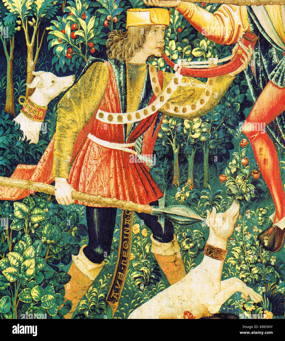 Unicorn tapiz detalle con un cazador y los perros. Foto de stock
