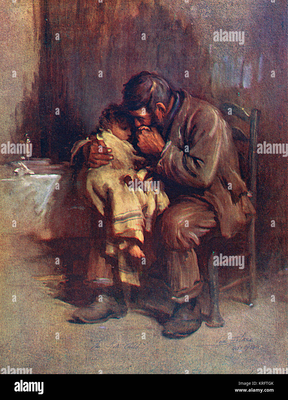 Un pequeño niño huérfanos es consolada por su padre. Fecha: 1914 Foto de stock