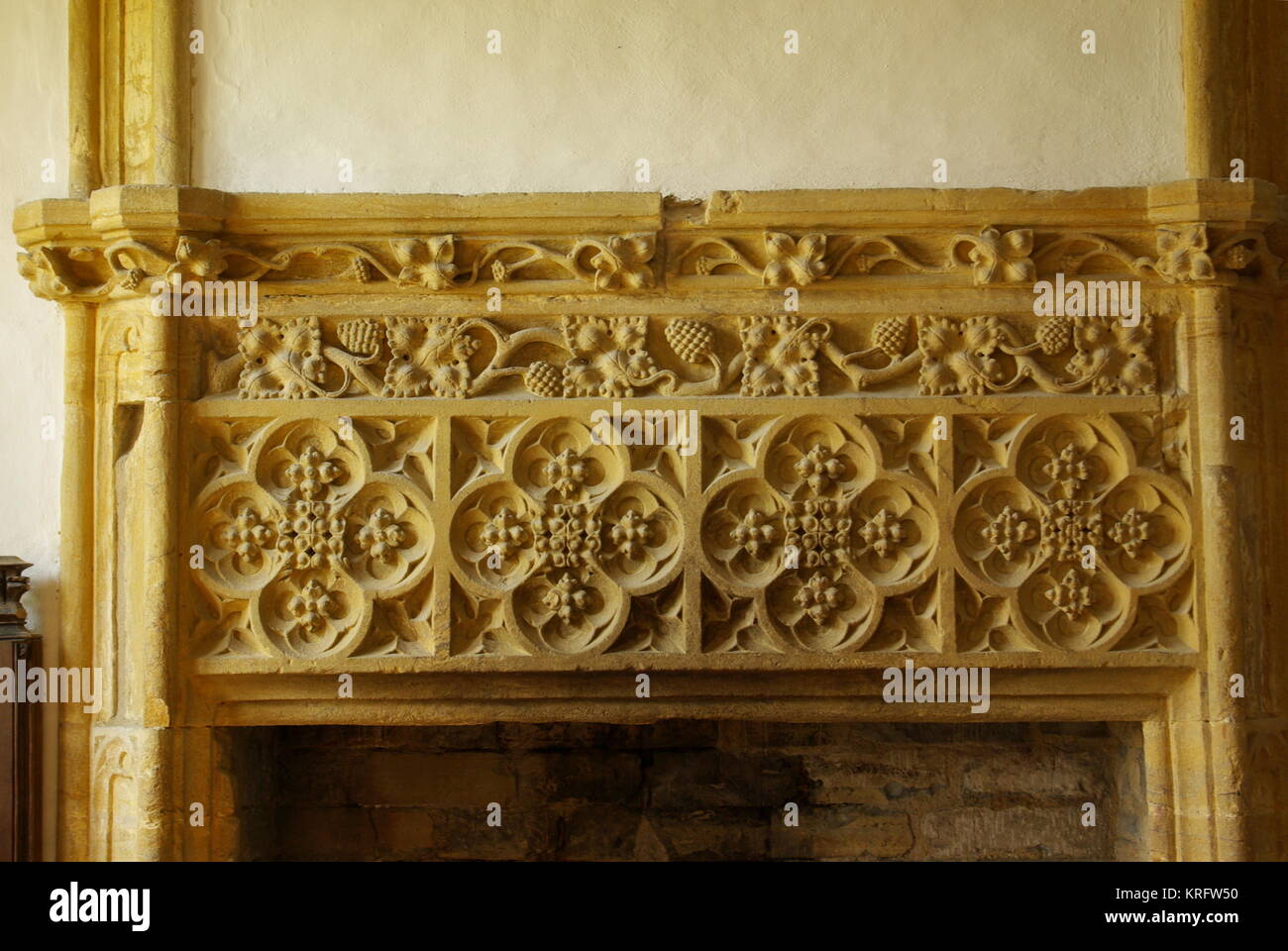 Chimenea tallada, Muchelney Abbey, Muchelney, Somerset Foto de stock