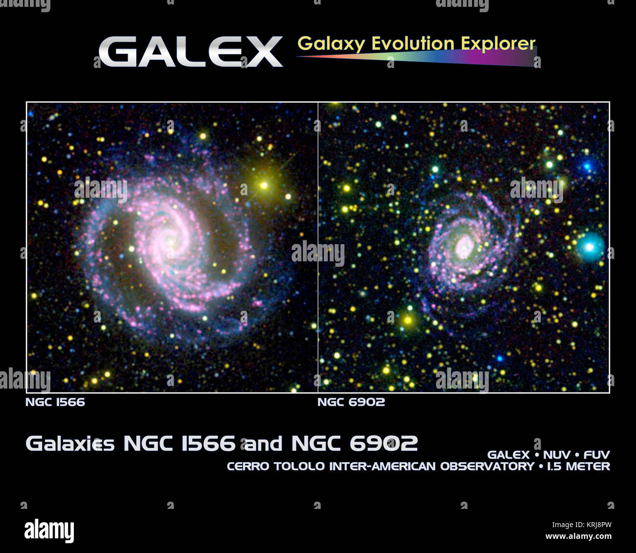 Estas dos fotografías fueron hechas por combinar los datos procedentes de la NASA Galaxy Evolution Explorer naves y el Observatorio Interamericano Cerro Tololo en Chile. Combinando los datos, los astrónomos fueron capaces de aprender que no todas las galaxias que estrellas de diferentes tamaños en la misma cantidad, como estaba previsto. En otras palabras, la proporción de pequeñas a grandes estrellas puede diferir de una galaxia a la galaxia. En estas fotografías, las imágenes tomadas con el Galaxy Evolution Explorer en longitudes de onda del ultravioleta cortos son azul oscuro, mientras que las longitudes de onda ultravioleta ya son azul claro. Las imágenes ópticas son co Foto de stock