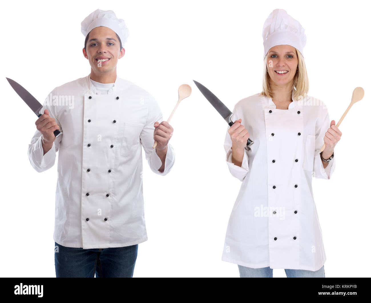 Chef cocineros jóvenes cursillistas aprendiz aprendiz formación profesión de cocina cuchilla cortar Foto de stock