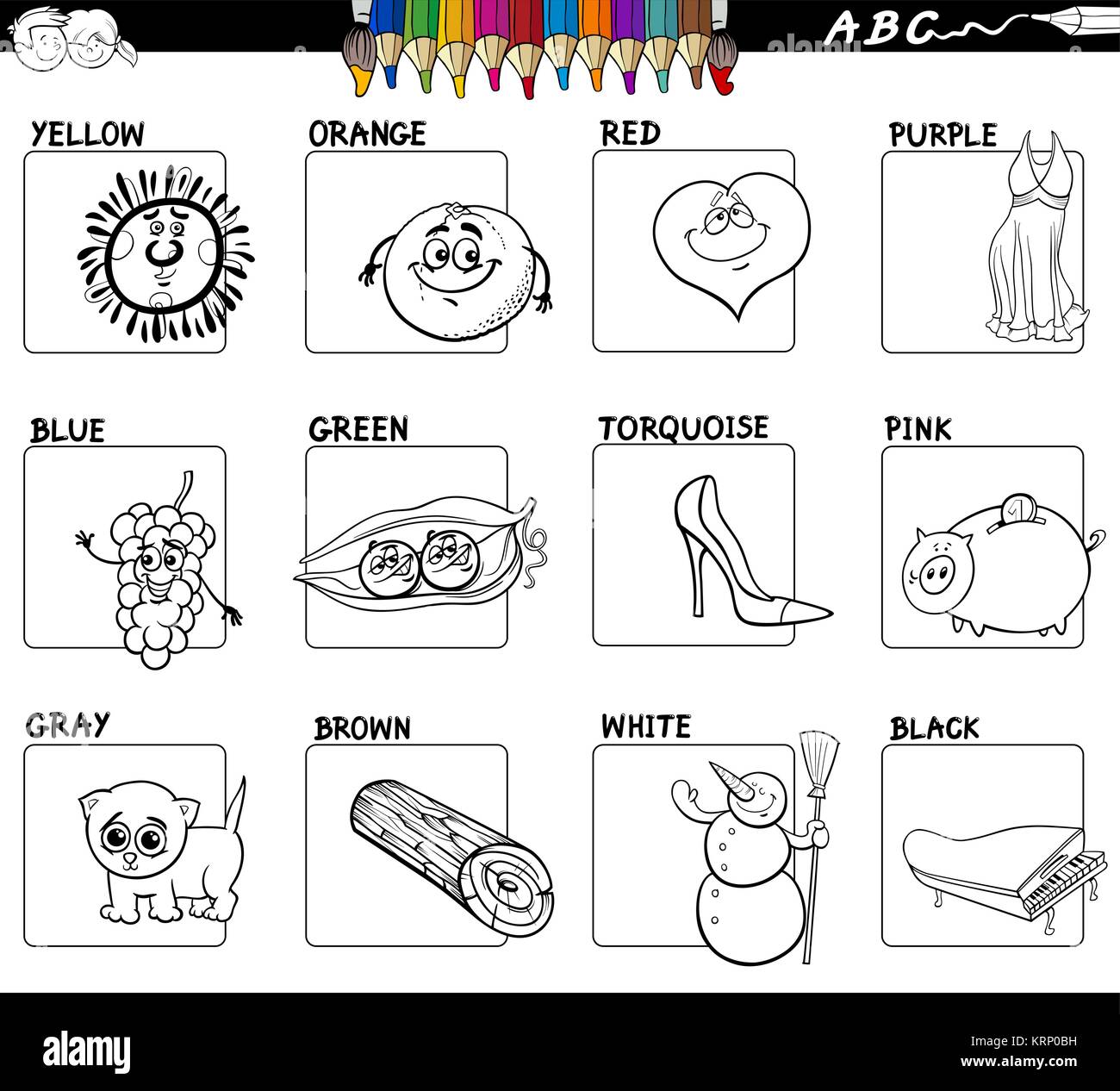 Ilustración caricatura en blanco y negro de Colores básicos libro educativo  para niños con objetos y personajes de historietas Imagen Vector de stock -  Alamy