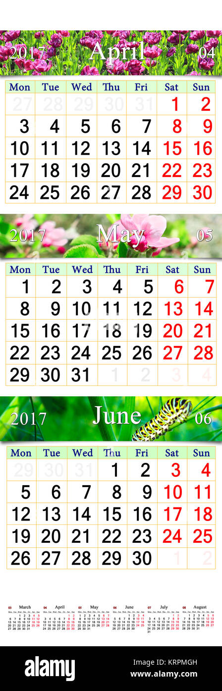 Calendario de abril- junio 2017 con imágenes Foto de stock