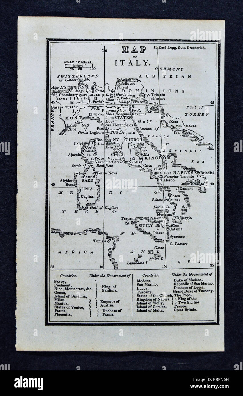 1830 Nathan Hale Mapa - Italia - Roma, Florencia, Pisa, Venecia, Nápoles, Sicilia Foto de stock