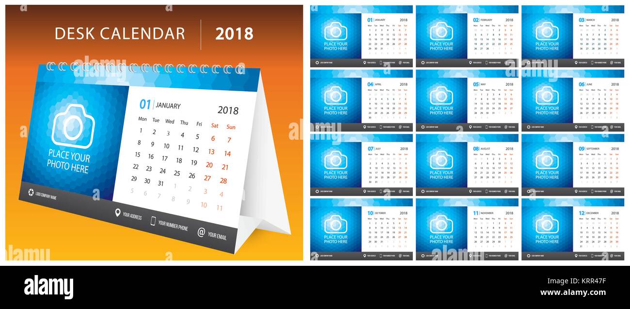 2018 calendario de mesa, la semana comenzará el lunes. Conjunto de 12  meses, la plantilla de planificador de diseño corporativo, tamaño  imprimible plantillas de calendario Imagen Vector de stock - Alamy