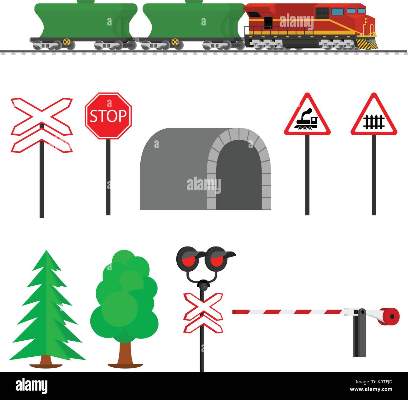 El tráfico ferroviario y los vagones del ferrocarril para el transporte de granos. Transporte Ferrocarril. Equipos Ferroviarios con señales, barreras, alarmas, traf Ilustración del Vector