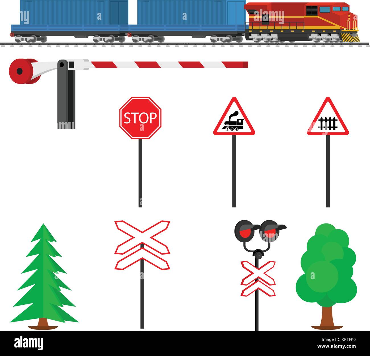 Tráfico Ferroviario y tren con contenedores. Transporte Ferrocarril. Equipos Ferroviarios con señales, barreras, alarmas, luces de tráfico. Ic plana Ilustración del Vector
