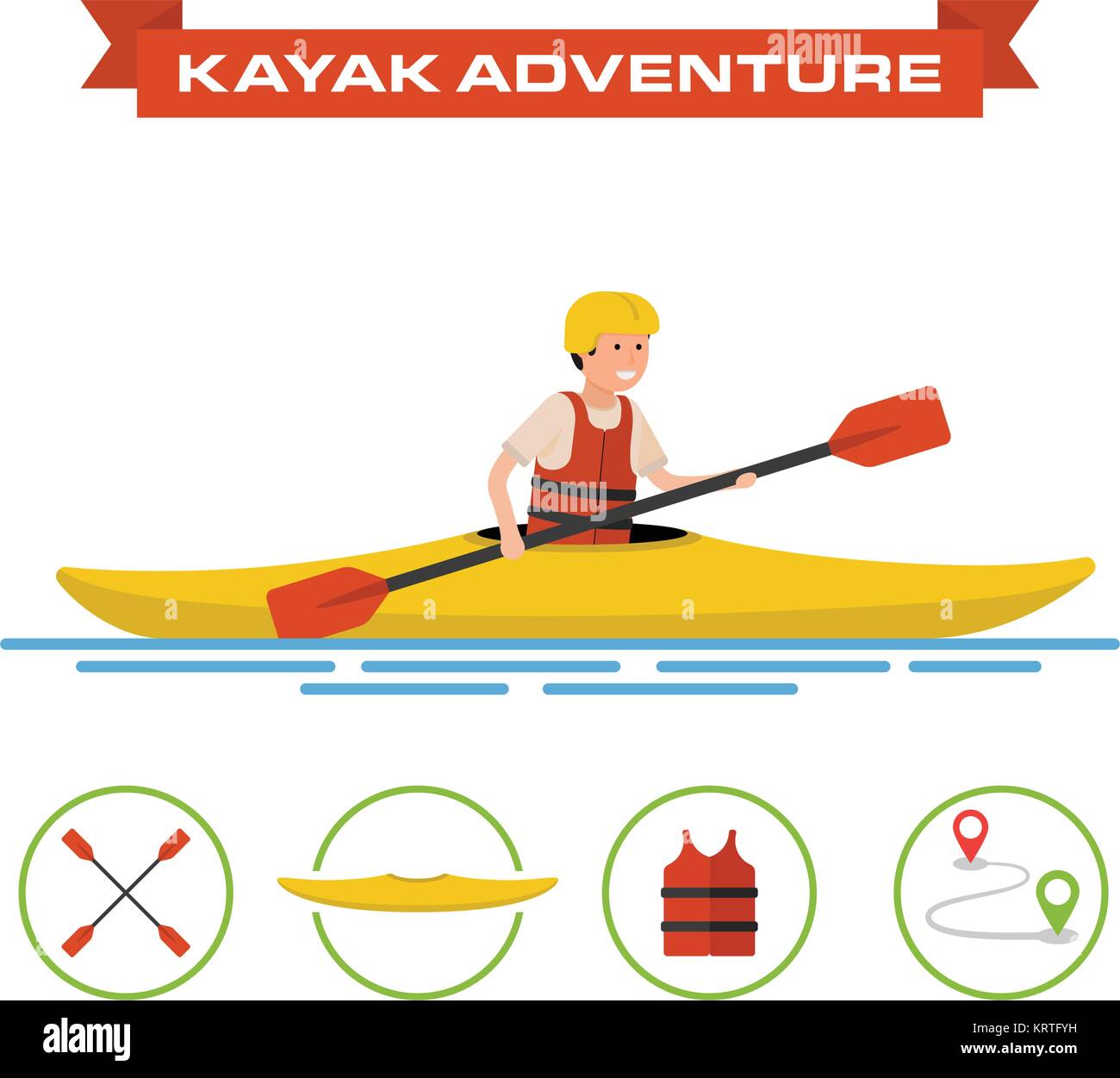 Ilustración vectorial de una historieta kayakista. El hombre conduce el kayak. Además de algunos iconos - lancha de remo, chaleco y ruta Ilustración del Vector