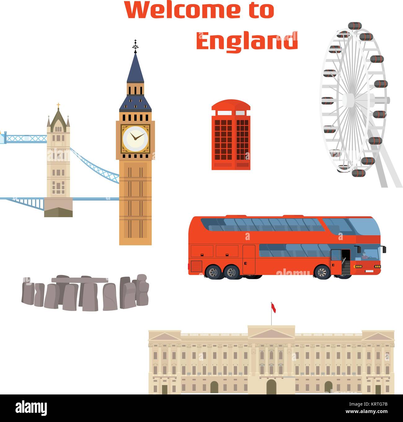 Bienvenido a Inglaterra - set de vectores de la London lugar famoso y emblemático con el Tower Bridge, el Big Ben, el London Eye, la cabina de teléfono rojo, rojo doble decker bus Ilustración del Vector
