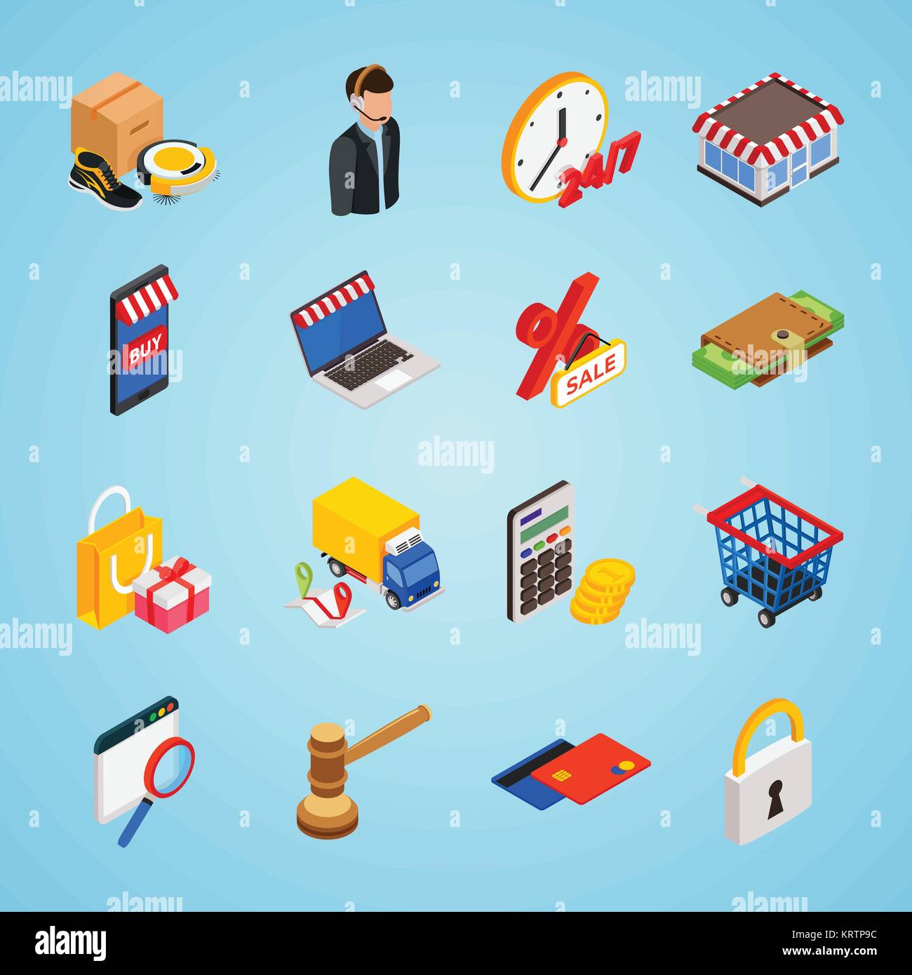 Comercio electrónico isométrica conjunto de iconos con gadgets para comprar en internet y símbolos de compras Ilustración del Vector