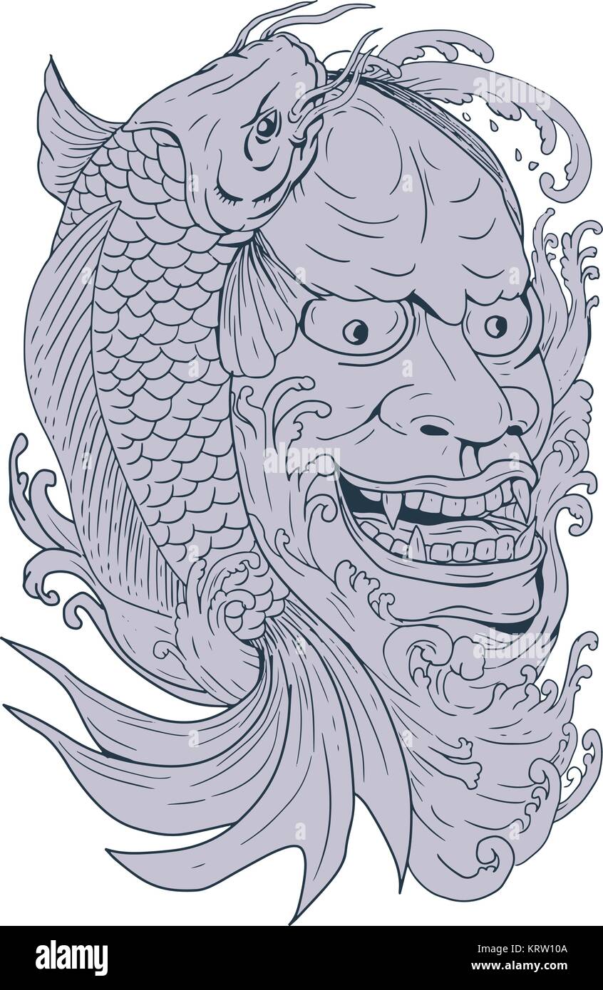 Estilo de dibujo Dibujo Ilustración de una hannya mask, una máscara de  teatro Noh representando un celoso demonio femenino con ojos metálicos y  una boca con Miradas maliciosas Imagen Vector de stock -