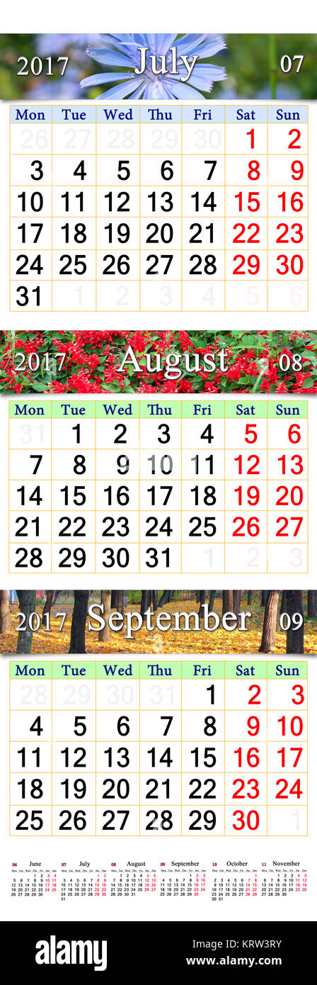 Calendario de Julio Agosto Septiembre 2017 con tres imágenes coloreadas Foto de stock
