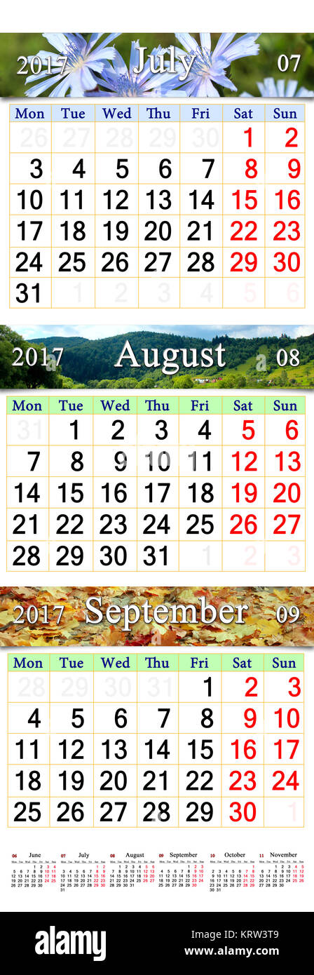 Calendario de Julio Agosto Septiembre 2017 con tres imágenes coloreadas Foto de stock