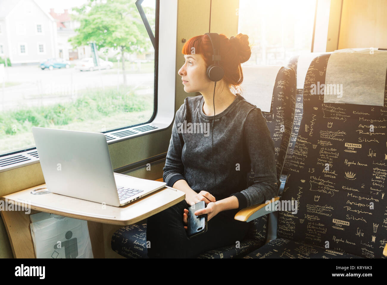 Mujer usando el portátil en el tren Foto de stock