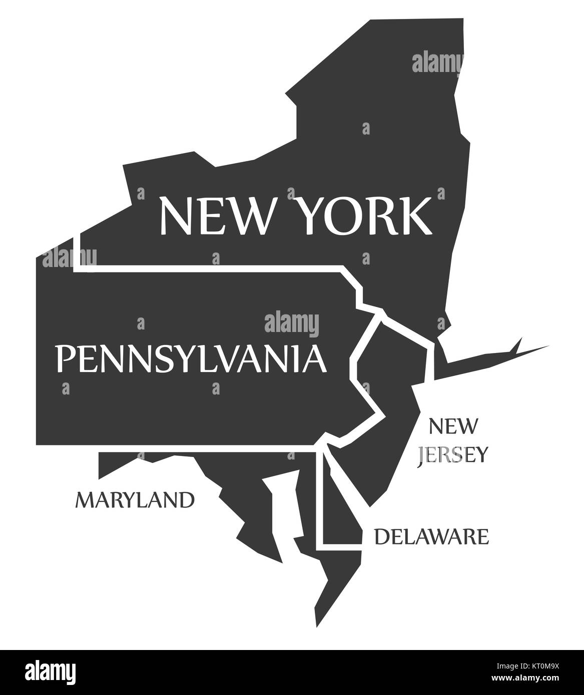 Nueva York - Pennsylvania - New Jersey, Delaware, Maryland Mapa etiquetados  negro Fotografía de stock - Alamy