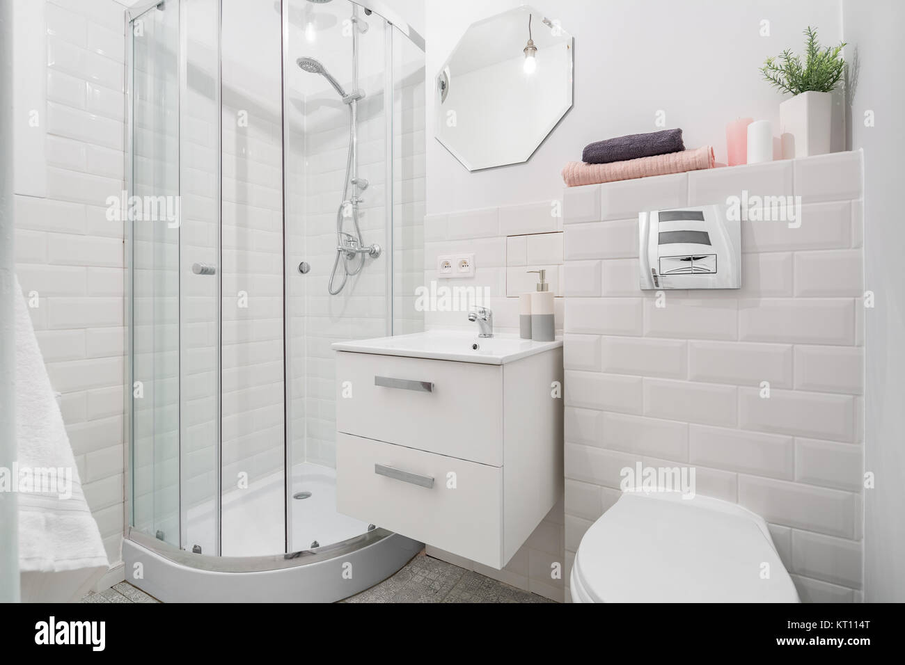 Diseño de baño. Paneles de pared con textura de madera. Pantalla de  bienvenida transparente. Manguera de ducha con difusor. Construcción y  bienes raíces Fotografía de stock - Alamy