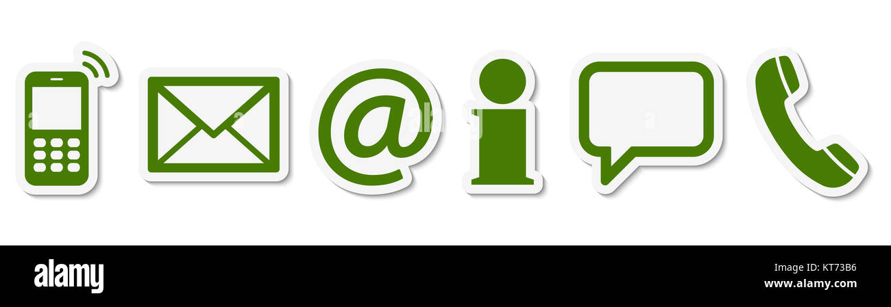 Póngase en contacto con nosotros, conjunto de seis iconos de color verde con marco blanco y sombra Foto de stock