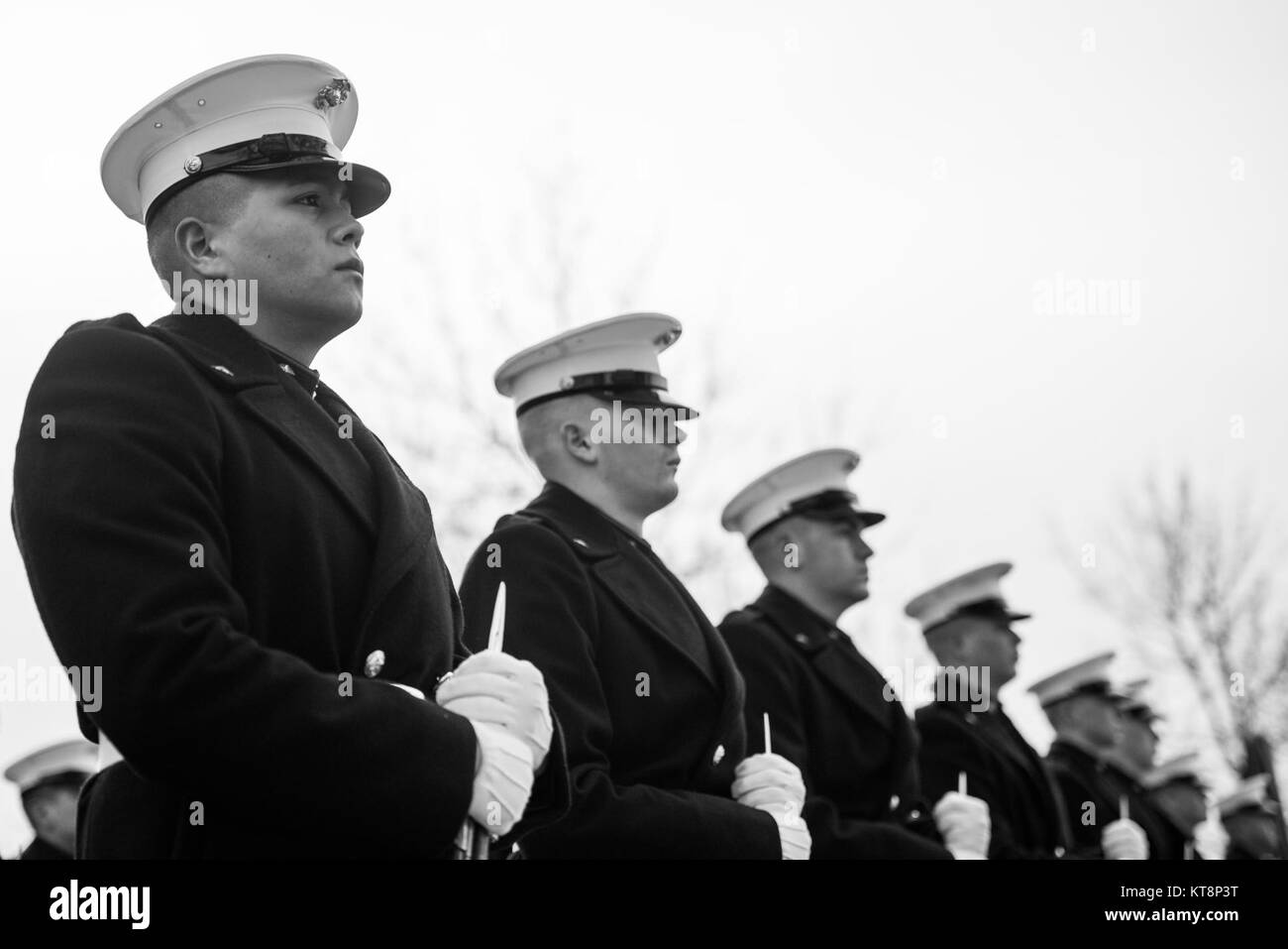 Los infantes de marina de las barracas de la Infantería de Marina, Washington, D.C. (8 y 1), la banda de Marina de los Estados Unidos, "El presidente del propio", y el Regimiento de Infantería US 3D (Vieja Guardia) Pelotón casetones participar en todos los honores funeral del Cuerpo de Marines de EE.UU. Pvt. Archie Newell en la sección 60 del Cementerio Nacional de Arlington, Arlington, Virginia, 8 de diciembre, 2017. Asignado a la compañía C, 2º Batallón de Tanques, 2ª División de Infantería de Marina en 1943, Newell, murió cuando su división intentó asegurar la pequeña isla de Betio, en el atolón de Tarawa del japonés. Aunque la batalla duró varios días, Newell murió en el primer día de batalla Foto de stock