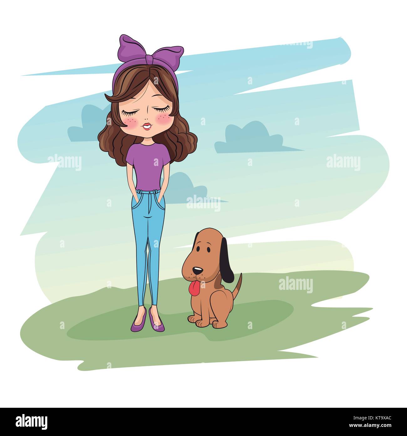 Linda chica con perro caricatura Imagen Vector de stock - Alamy