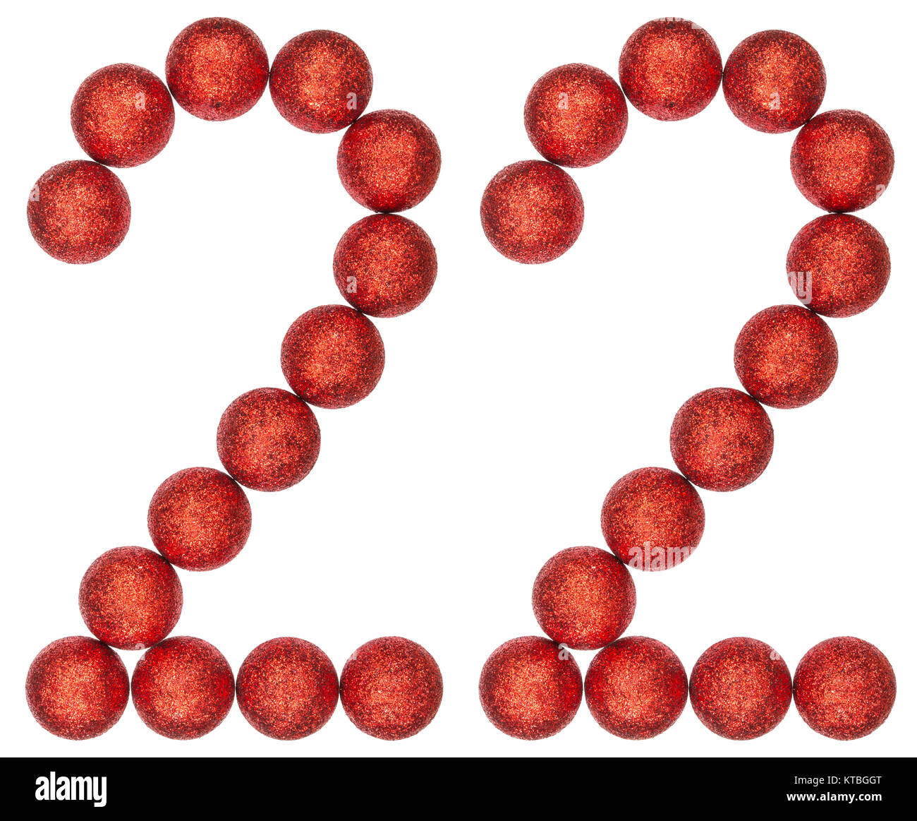 22, numeral 22, de bolas decorativas, aislado sobre fondo blanco. Foto de stock