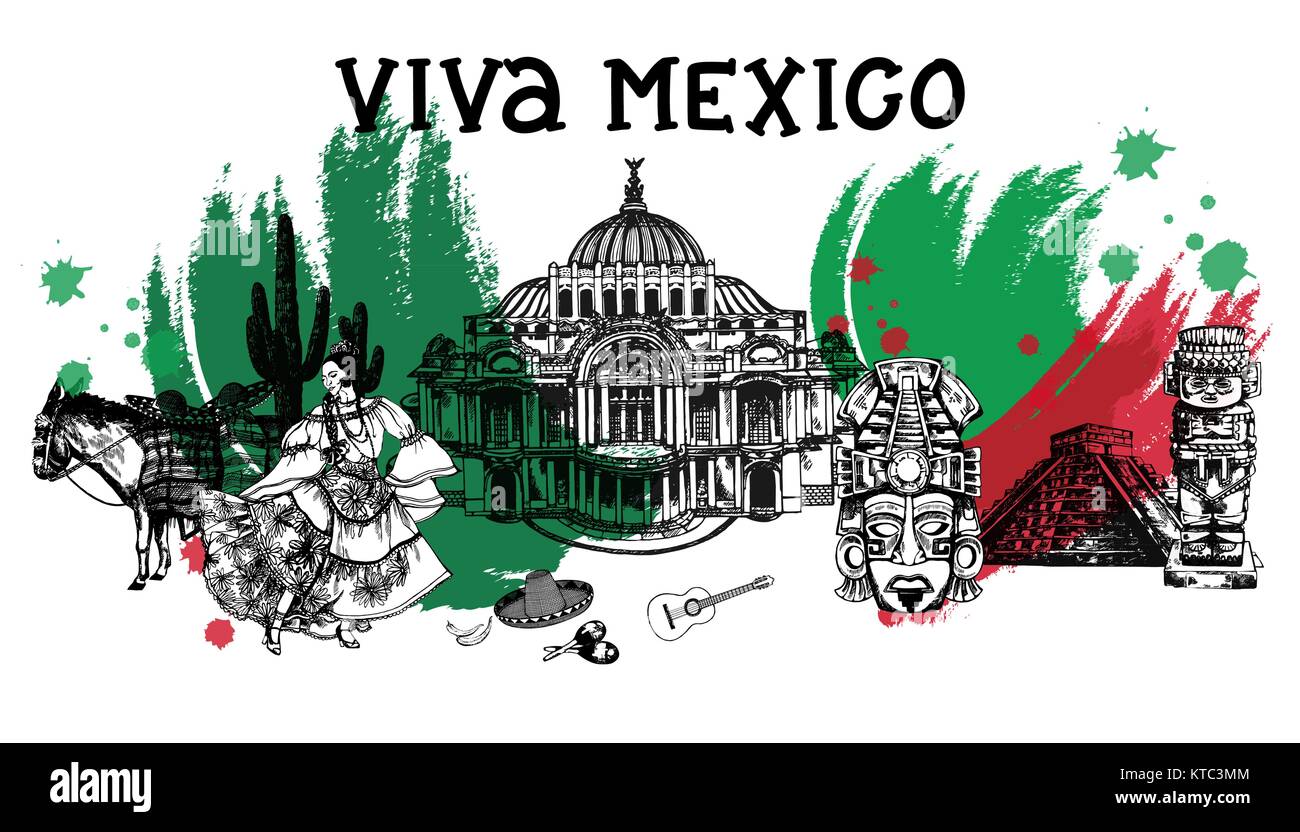 Conjunto de estilo boceto dibujados a mano objetos de temática mexicana. Ilustración vectorial aislado sobre fondo blanco. Ilustración del Vector
