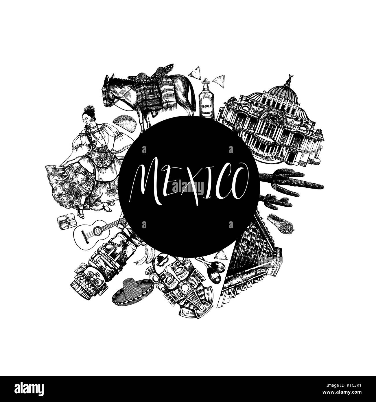 Croquis dibujados a mano de estilo mexicano atracciones temáticas, comida, bebida, objetos. Ilustración vectorial aislado sobre fondo blanco. Ilustración del Vector