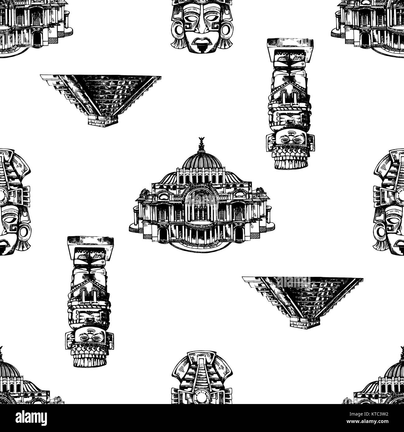 Trama perfecta de estilo boceto dibujados a mano conjunto de monumentos y objetos de temática mexicana. Ilustración vectorial aislado sobre fondo blanco. Ilustración del Vector