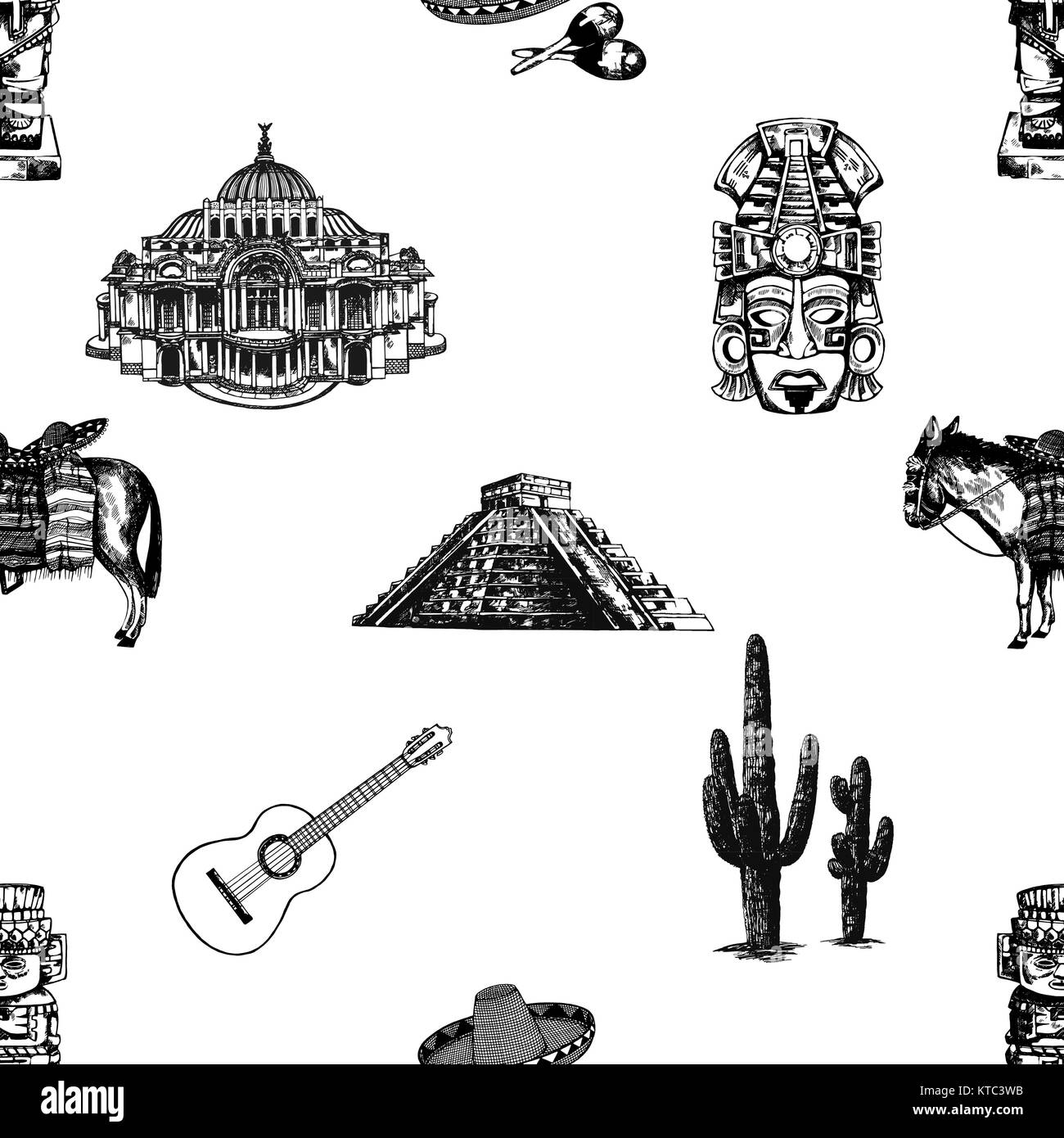 Trama perfecta de estilo boceto dibujados a mano conjunto de monumentos y objetos de temática mexicana. Ilustración vectorial aislado sobre fondo blanco. Ilustración del Vector