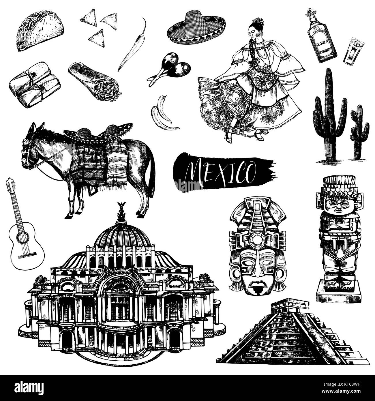 Conjunto de croquis dibujados a mano de estilo temático mexicano hitos, comida, bebida, objetos. Ilustración vectorial aislado sobre fondo blanco. Ilustración del Vector
