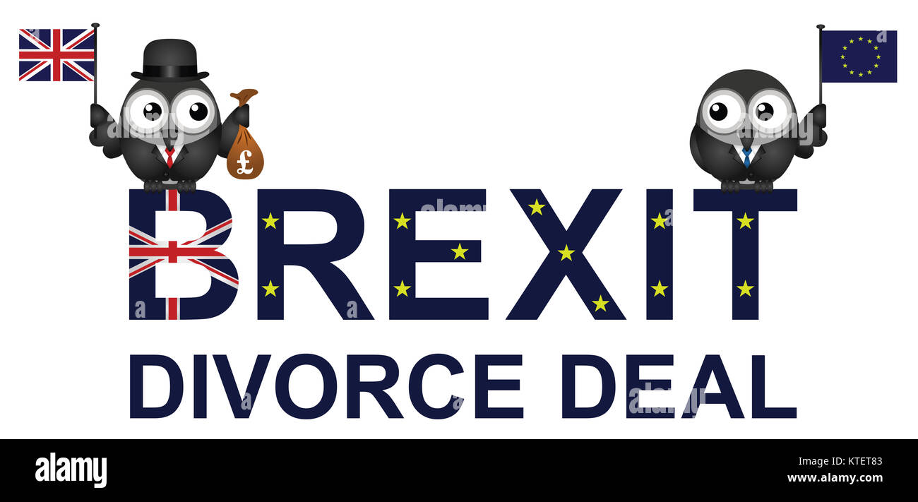 Representación cómica del divorcio Brexit tratar de acuerdo con el Reino Unido de pagar 59 millones de libras a la Unión Europea Foto de stock