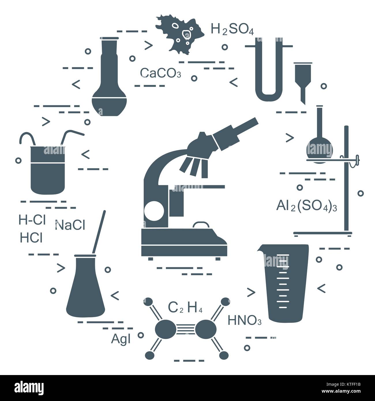 La química científica, la educación elementos: microscopio, matraces,  trípode, fórmulas, vaso de precipitado, ameba, taza de medir, embudo, tubo  en forma de U. Diseño para banne Imagen Vector de stock - Alamy