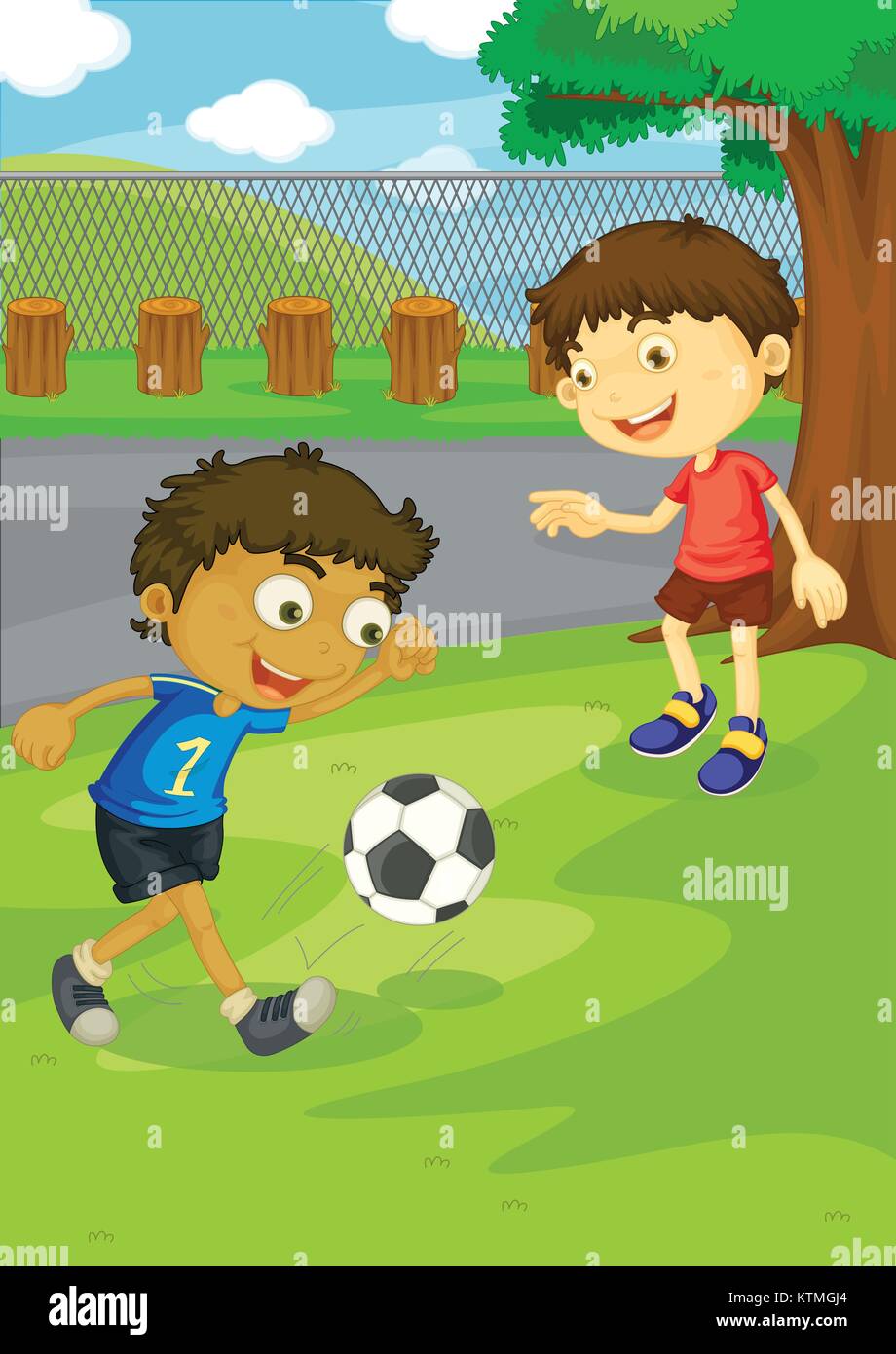 Niños jugando al fútbol en el parque Imagen Vector de stock - Alamy
