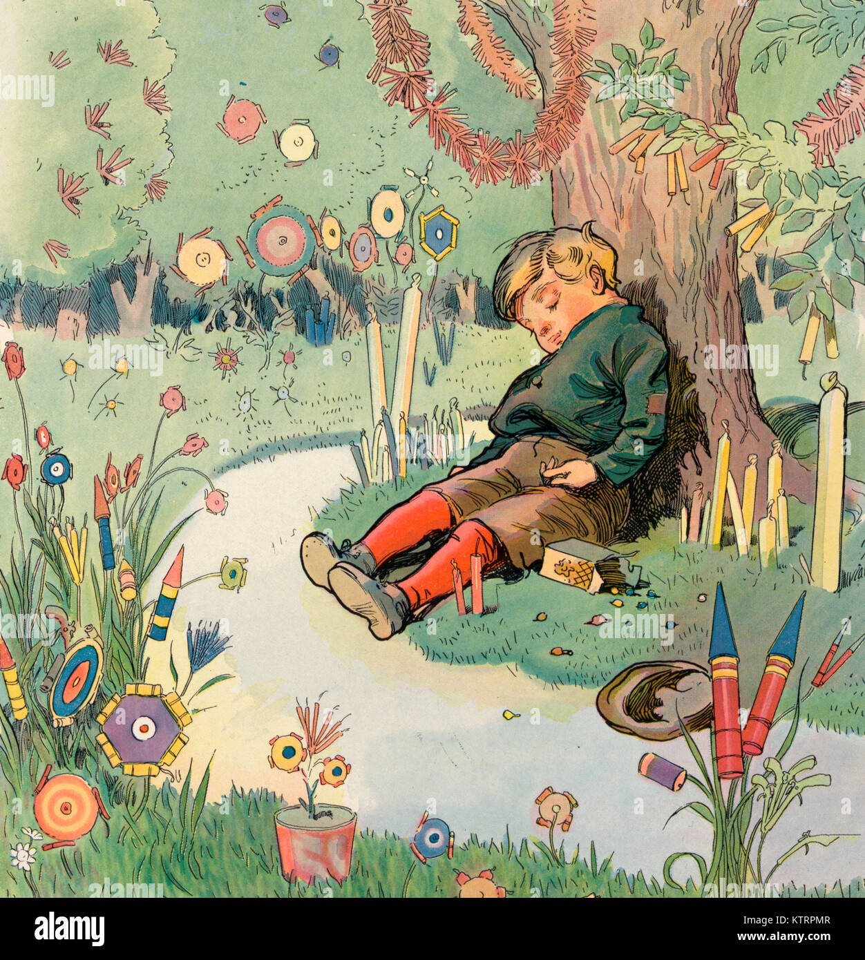 Un sueño de la cuarta - Ilustración muestra a un joven muchacho sentado en el suelo, apoyado contra un árbol, durmiendo en medio de un clúster de fuegos artificiales a la espera de ser encendidos. 1906 Foto de stock