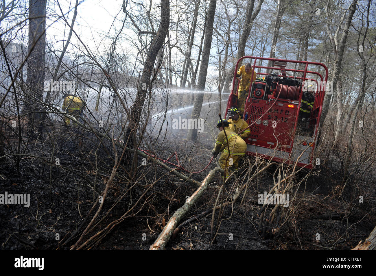 SUFFOLK COUNTY, NY - Manorville y Brookhaven bomberos ride hog "Pincel" en un área de la quema de bosques a fin de contener elementos de grandes incendios en el condado de Suffolk, Nueva York, el 10 de abril de 2012. Los bomberos de la 106ª Ala de rescate también participó. (USAF / Senior Airman Christopher S Muncy / liberado) Foto de stock