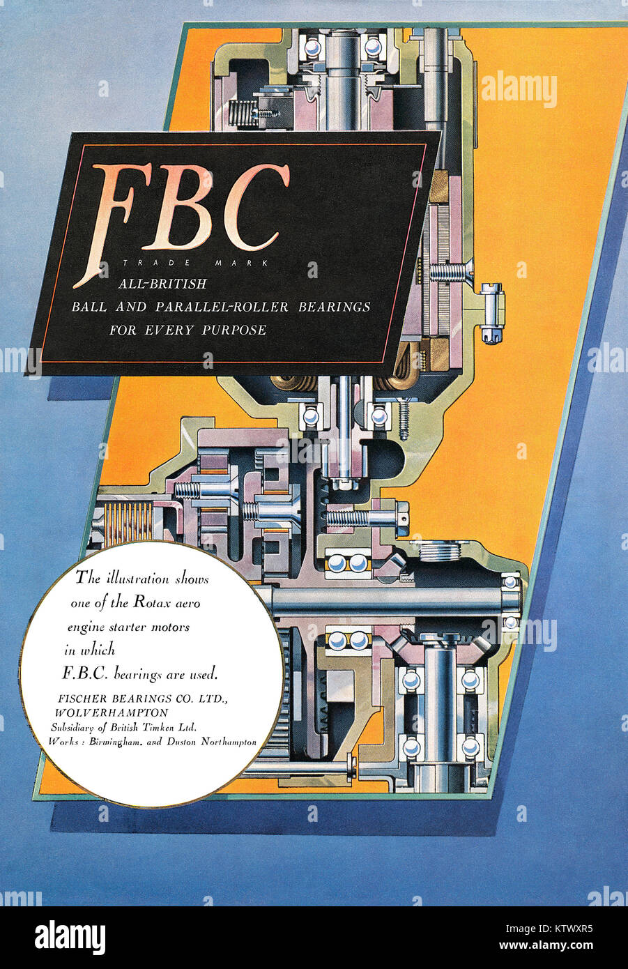 1951 anuncio británico para cojinetes de Fischer Ltd. Foto de stock