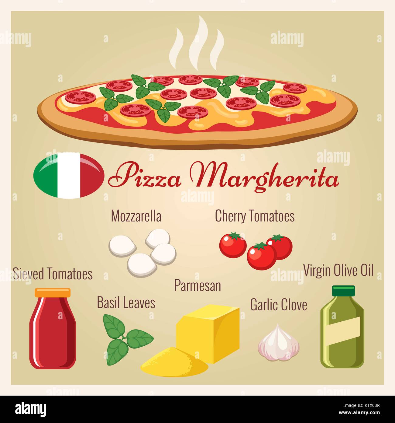 Pizza Margherita. Comida italiana deliciosa pizza con queso mozzarella y tomate, albahaca y aceite de oliva ilustración vectorial Ilustración del Vector