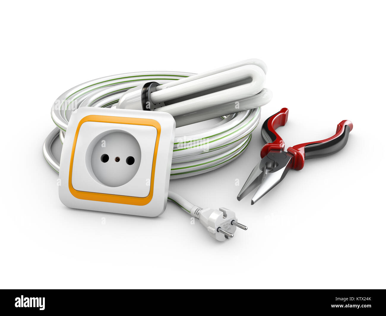 Ilustración 3d de cable eléctrico, toma y pinzas. Componentes eléctricos e instrumentos Foto de stock