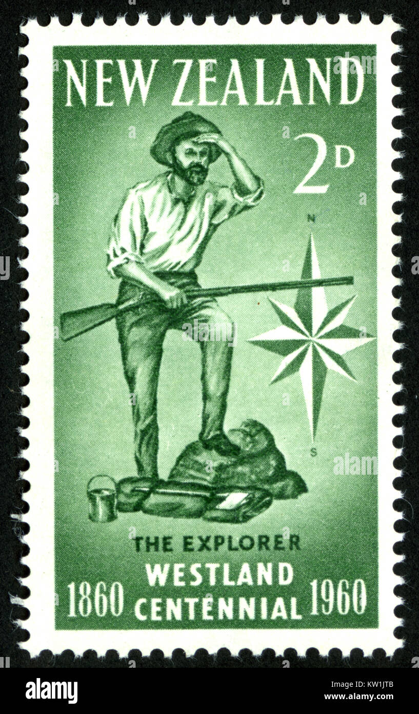 1960 dos peniques de Nueva Zelandia con un sello de la costa oeste de la Westland Centenario explorer Foto de stock