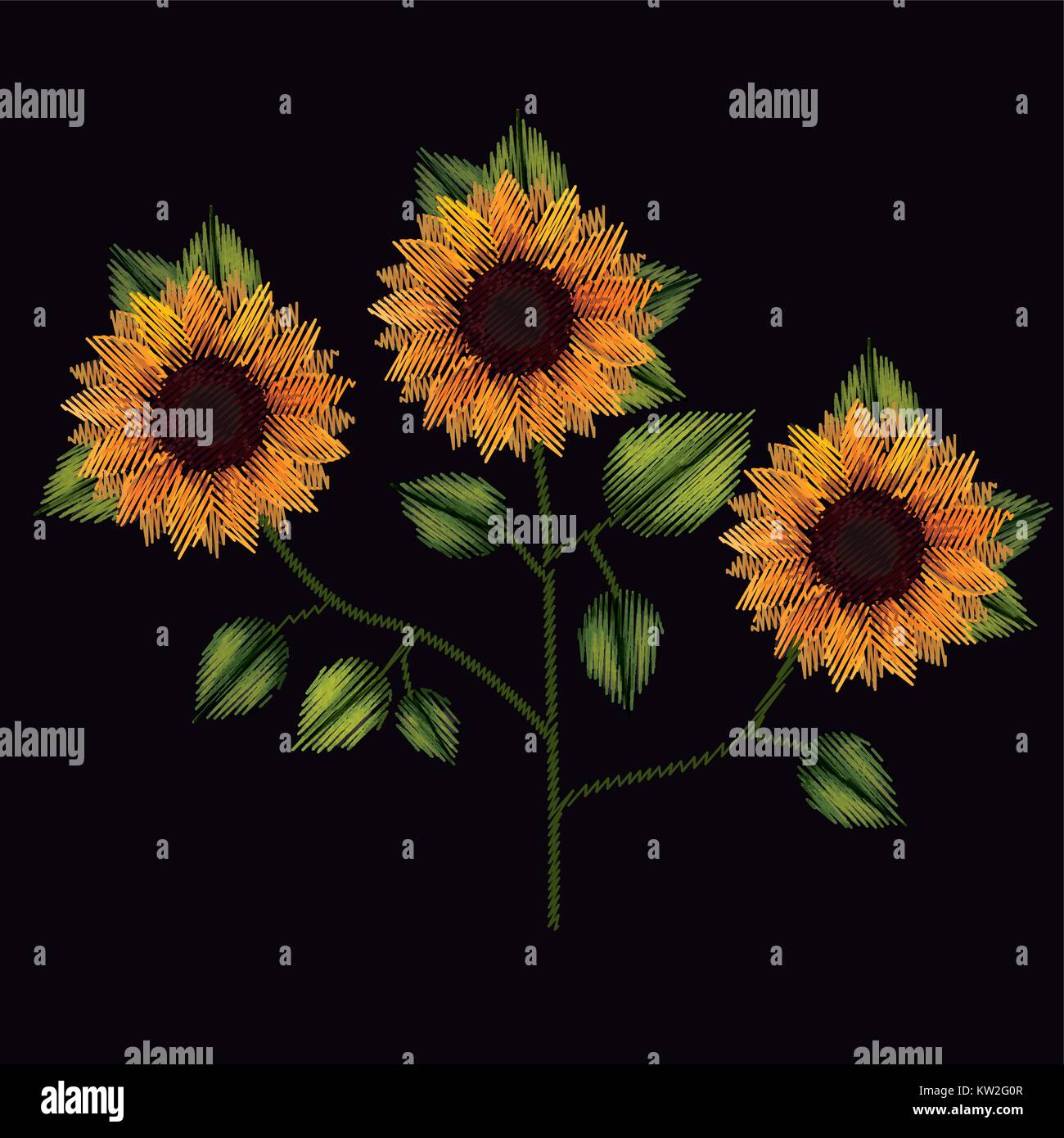 Conjunto de plantas girasoles coloridos bordados en fondo negro Imagen  Vector de stock - Alamy