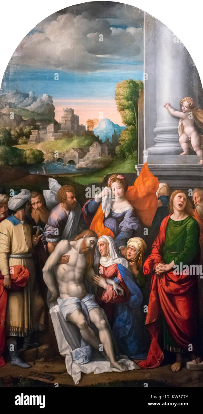 La Lamentación sobre Cristo Muerto por Il Garofalo (1476-1559), oleo sobre madera, 1527 Foto de stock