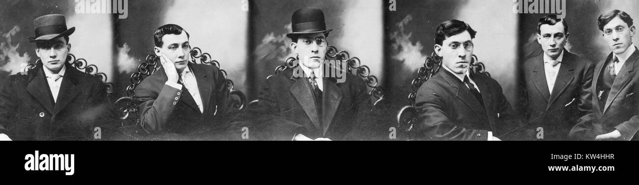 Varias imágenes en secuencia, desde una cabina de foto, de un hombre vestido con trajes de la época victoriana prop y posa para las fotografías, 1930. Foto de stock